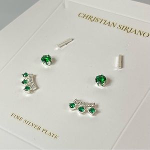 Christian Siriano Silver Plated Earrings Set Green Cubic Zirconia Studs